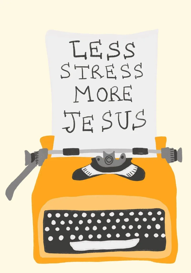 Minder stress, meer Jezus, Retro typemachine Art Print canvas met Baklijst van vintagepod