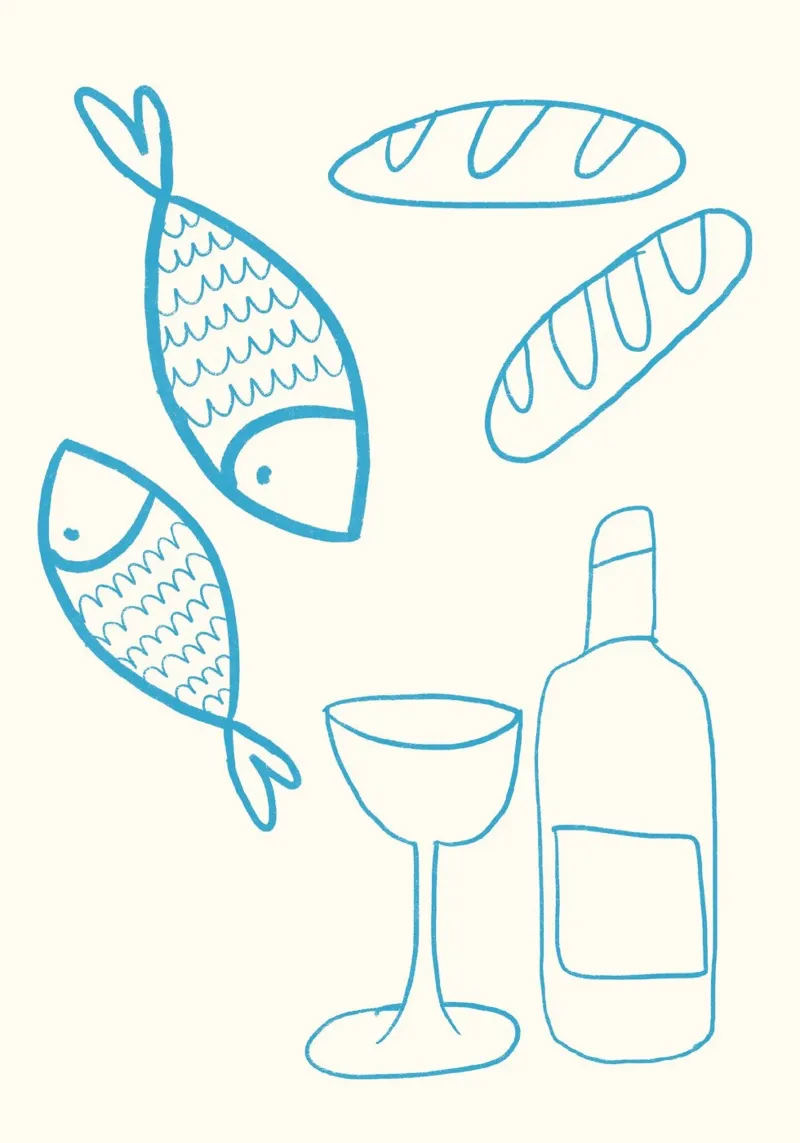 Bread, Fish, and Wine, Christian Symbols Art canvas with Floater frame by vintagepod