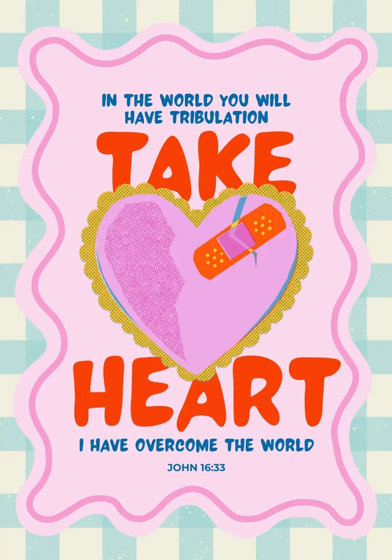 Take Heart, Johannes 16:33, Christelijke Kunstdruk canvas met Baklijst van vintagepod