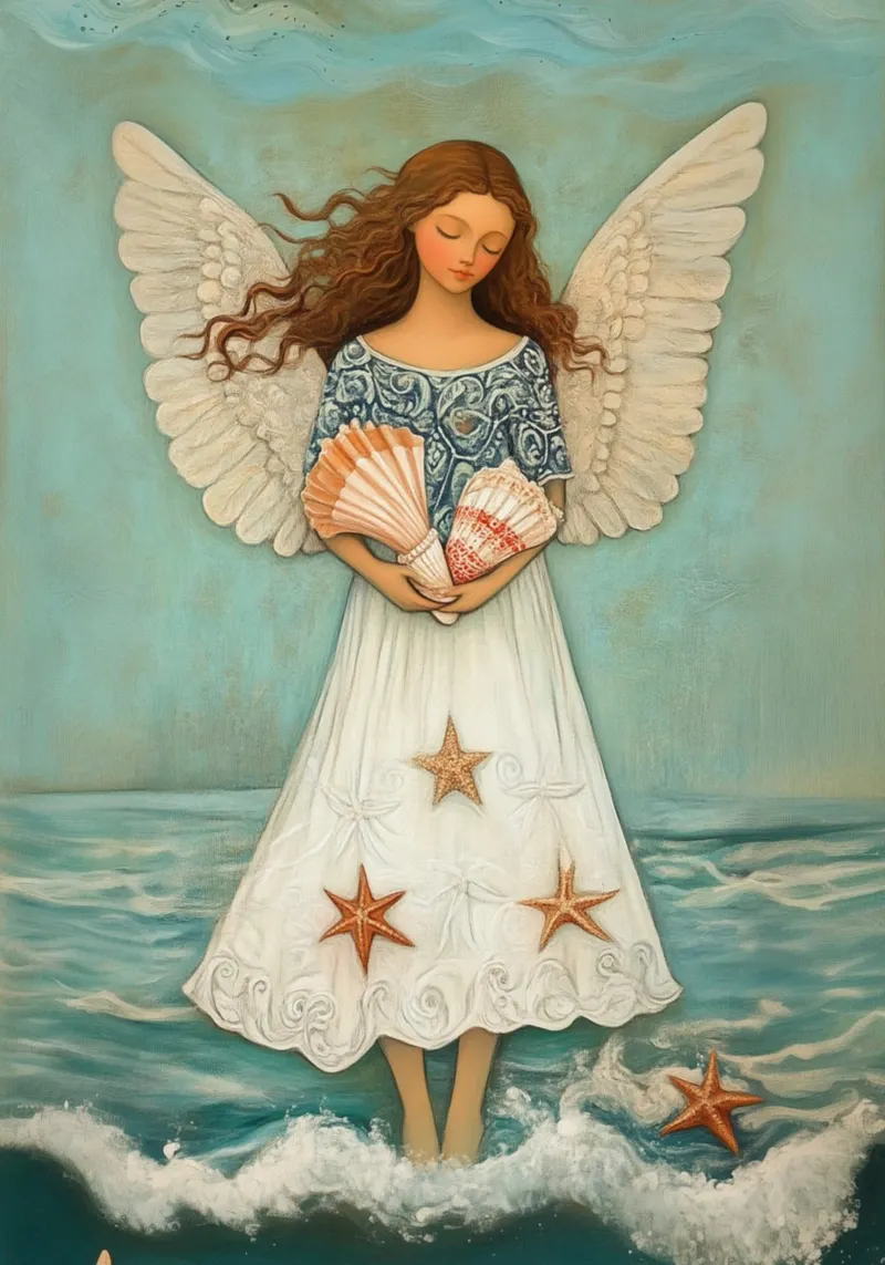 Ocean Angel with Seashells, Coastal Christian Art canvas with Floater frame by vintagepod