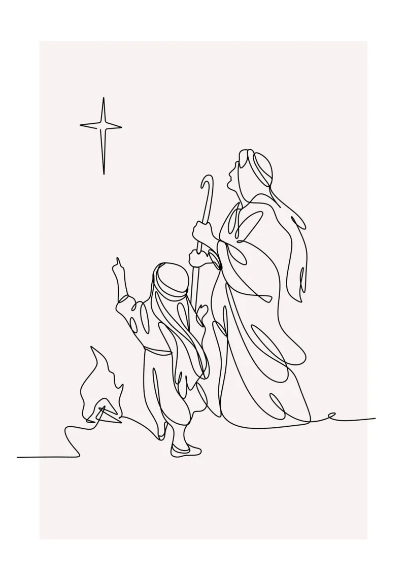 Shepherds & Star, Minimalist Christmas Line Art canvas with Floater frame by vintagepod