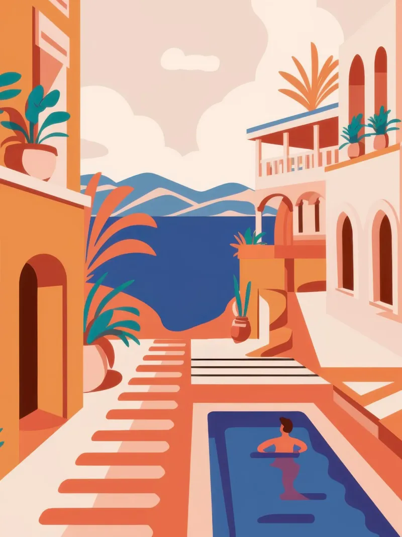 Oasi di piscina in terracotta poster con telaio in legno da Heaven Craft