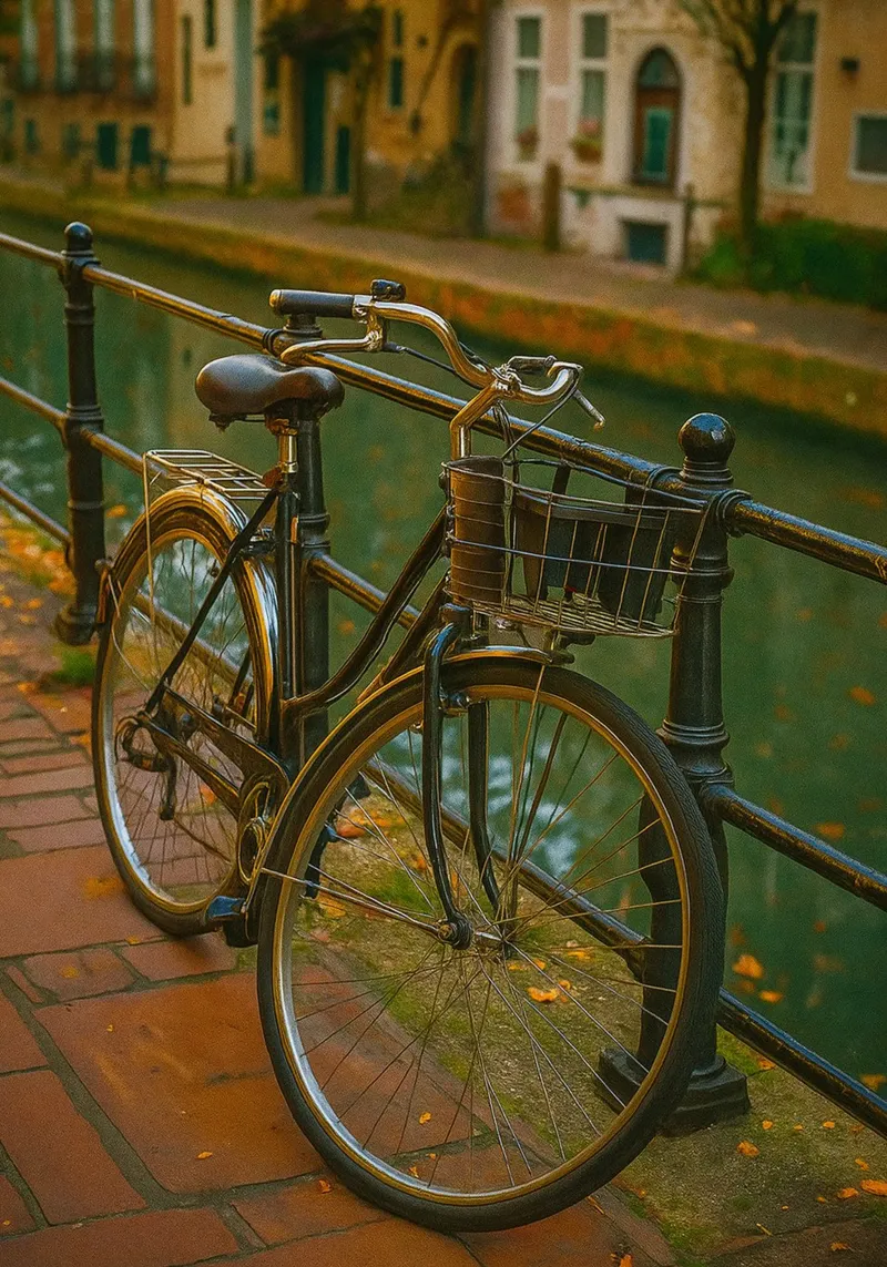 bicycle on the edge of canal view retro photography canvas with Floater frame by viantishop