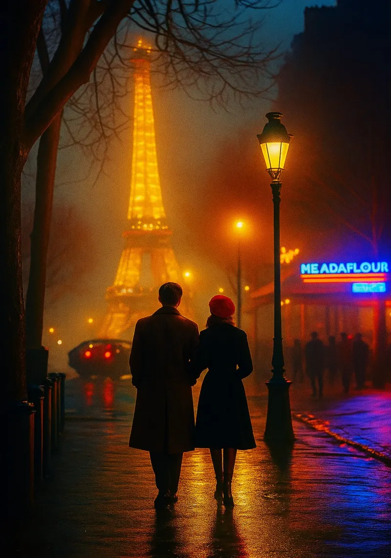 couple seeing eiffel tower retro photography canvas with Floater frame by viantishop
