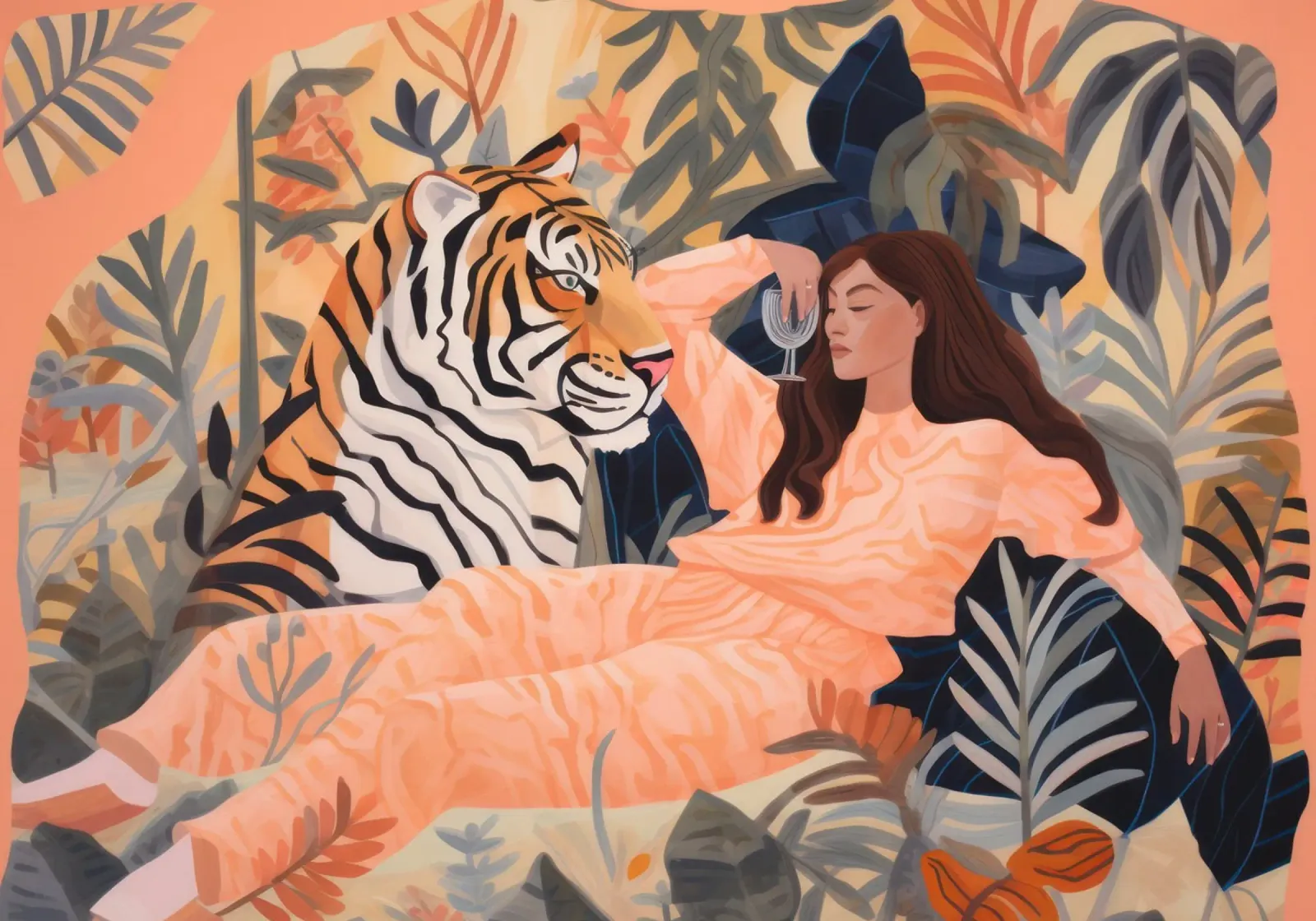Vrouw met tijgerprint, abstracte dierenprint, kleurrijke kunst canvas met Baklijst van ArtHaus