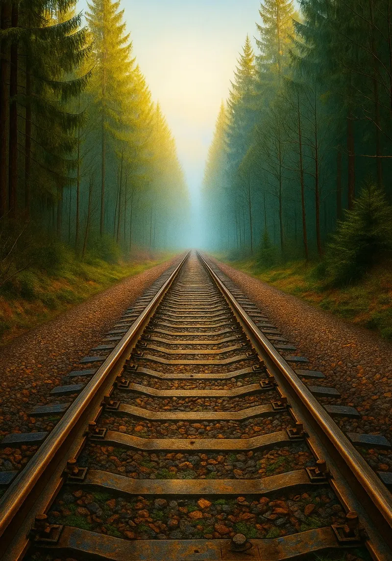 train track in the forrest view retro photography canvas with Floater frame by viantishop