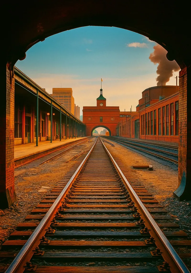 train tunnel view retro photography canvas with Floater frame by viantishop