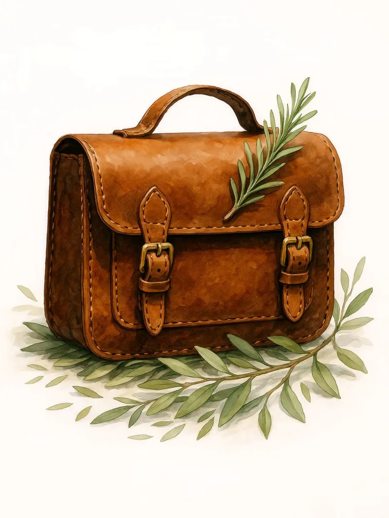 Borsa in pelle vintage con foglie di ulivo - Acquerello d'arte poster da Eldon S Kiser