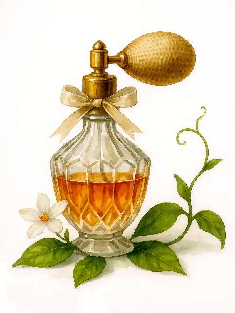 Bottiglia di profumo vintage con foglie di agrumi - Acquerello d'arte poster da Eldon S Kiser
