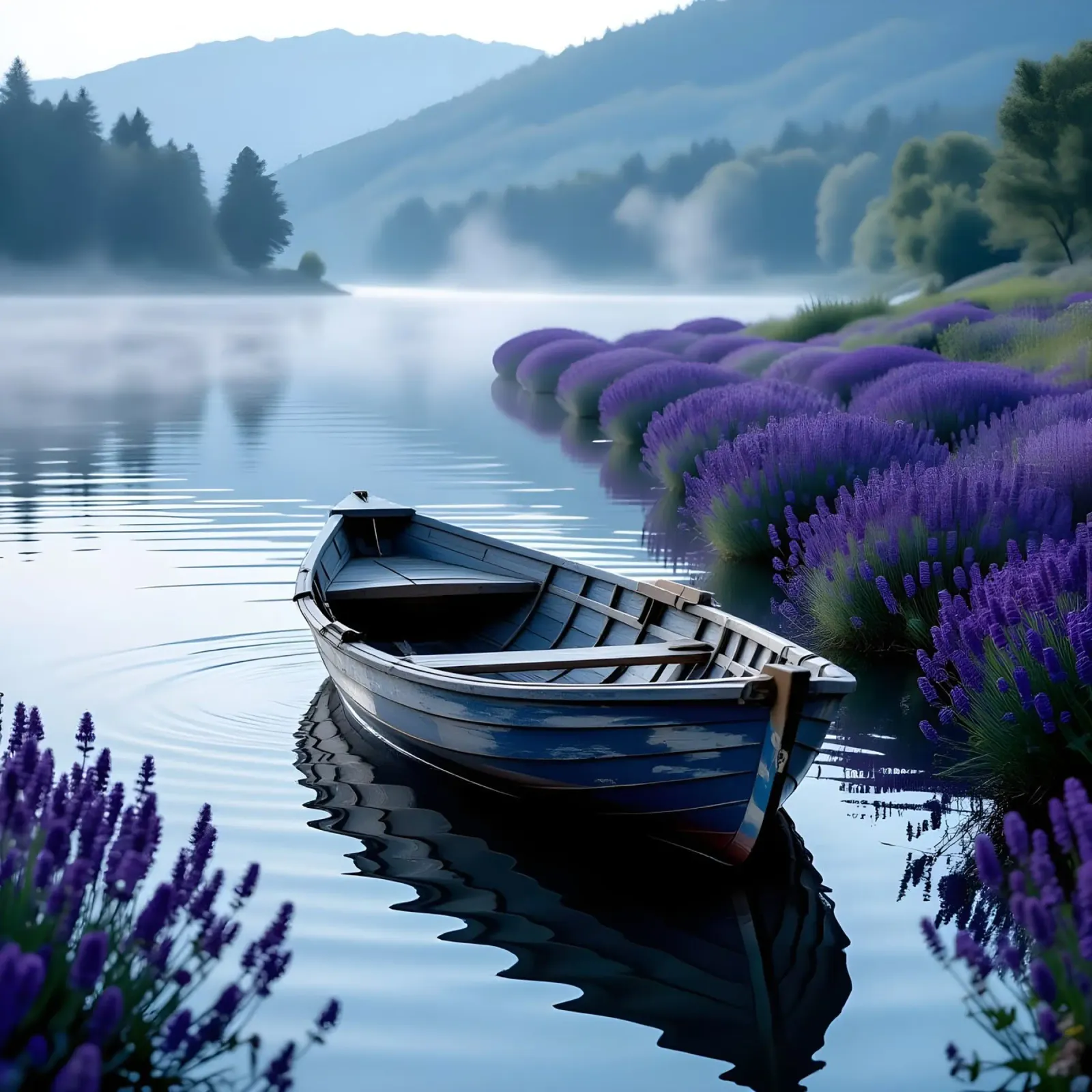 Boot op Misty Lake canvas met Baklijst van Anita's Dream