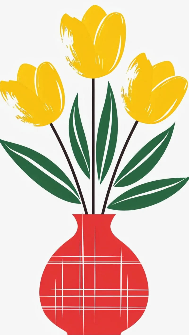Tulipani gialli in un vaso a quadri rossi - Arte popolare moderna F tela con Cornice a cassetta da Artistic-shop