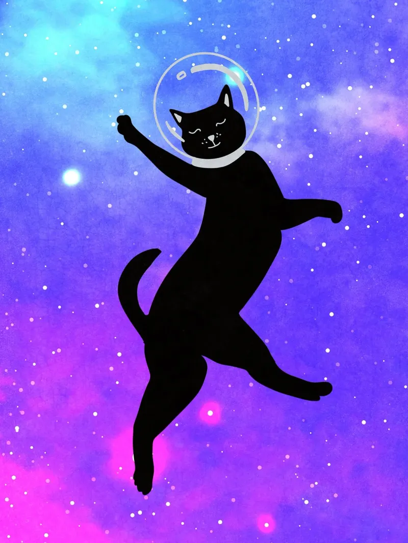 Gatto spaziale felice poster con telaio in legno da Raissa Oltmanns