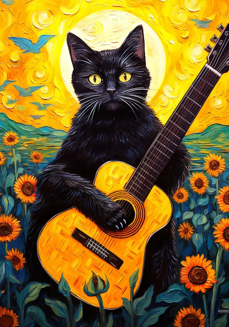Il gatto suona la chitarra tela con Cornice a cassetta da Fleur de Lys
