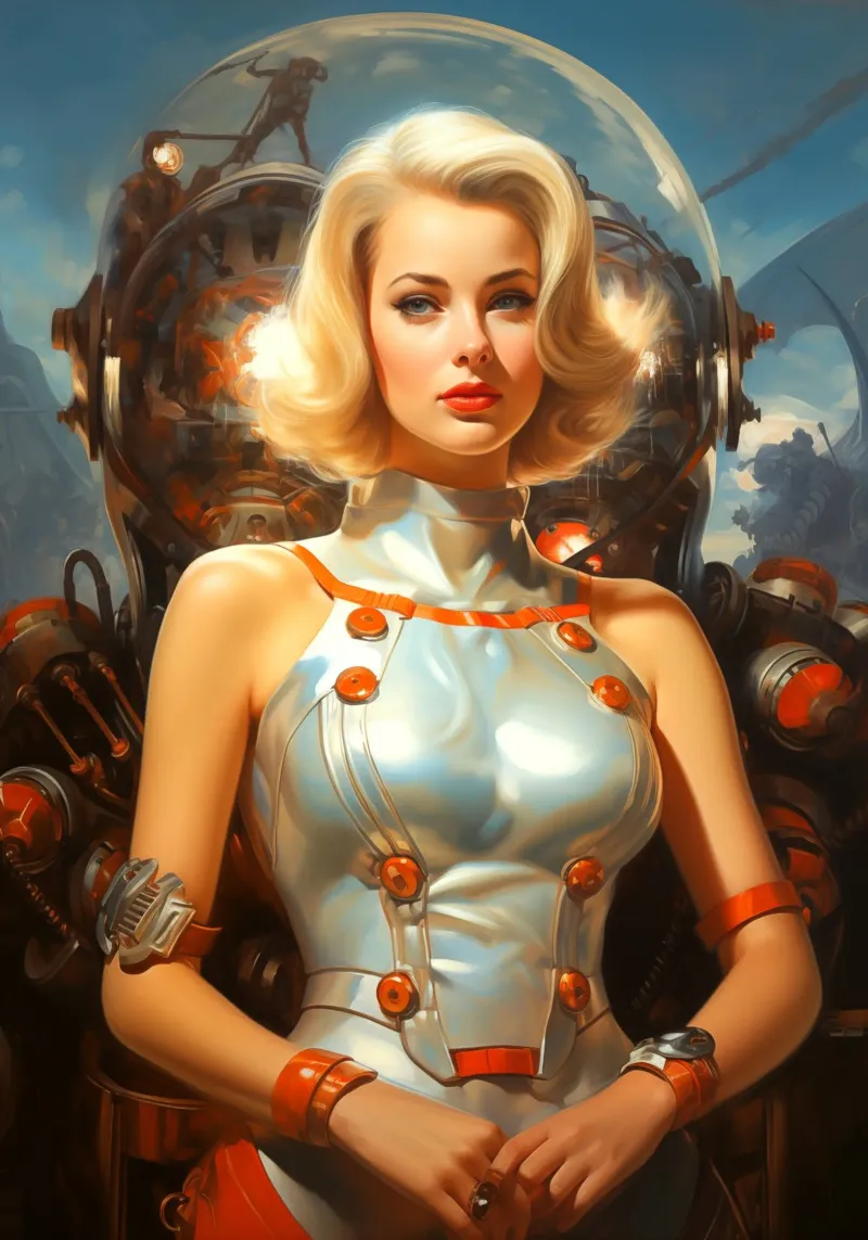 Retro Scifi Space Girl poster con telaio in legno da Fleur de Lys