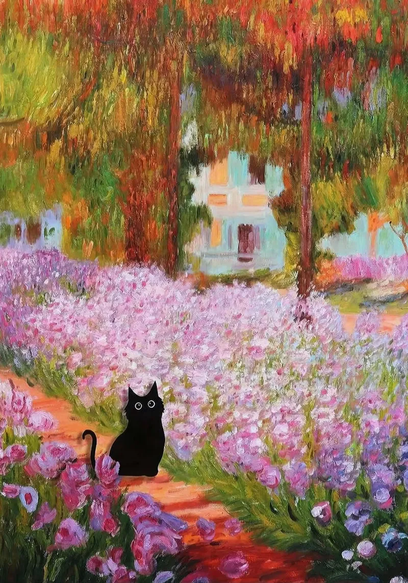 cat in road of flower tela con Cornice a cassetta da carsa
