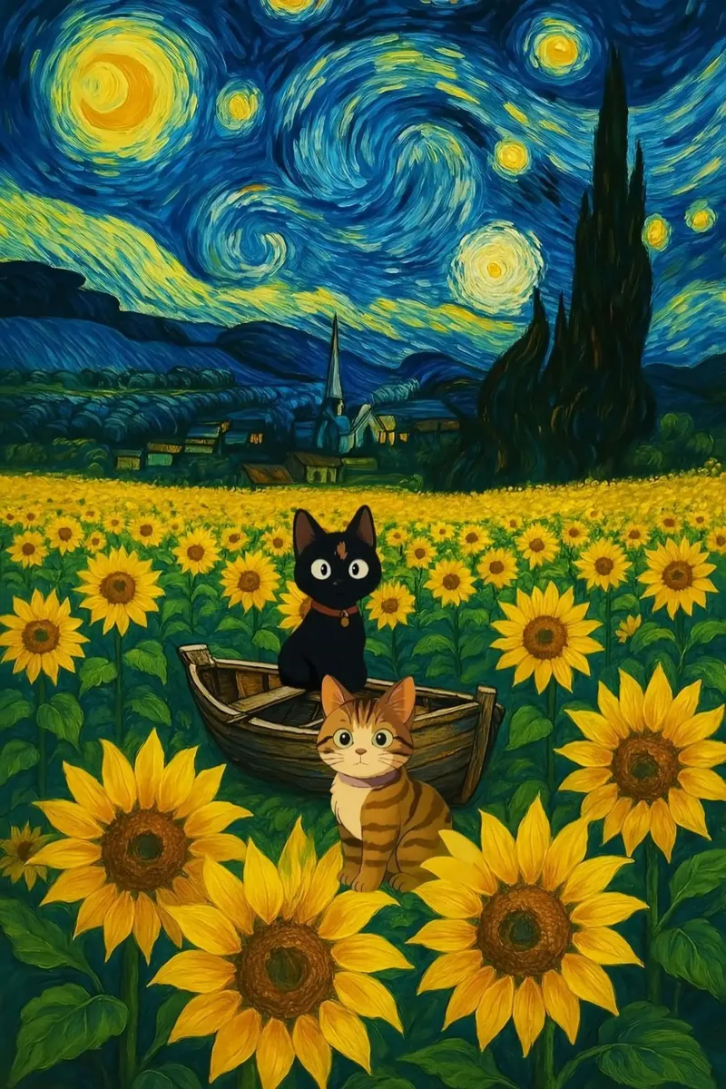 cat and sunflower poster con telaio in alluminio da hamily