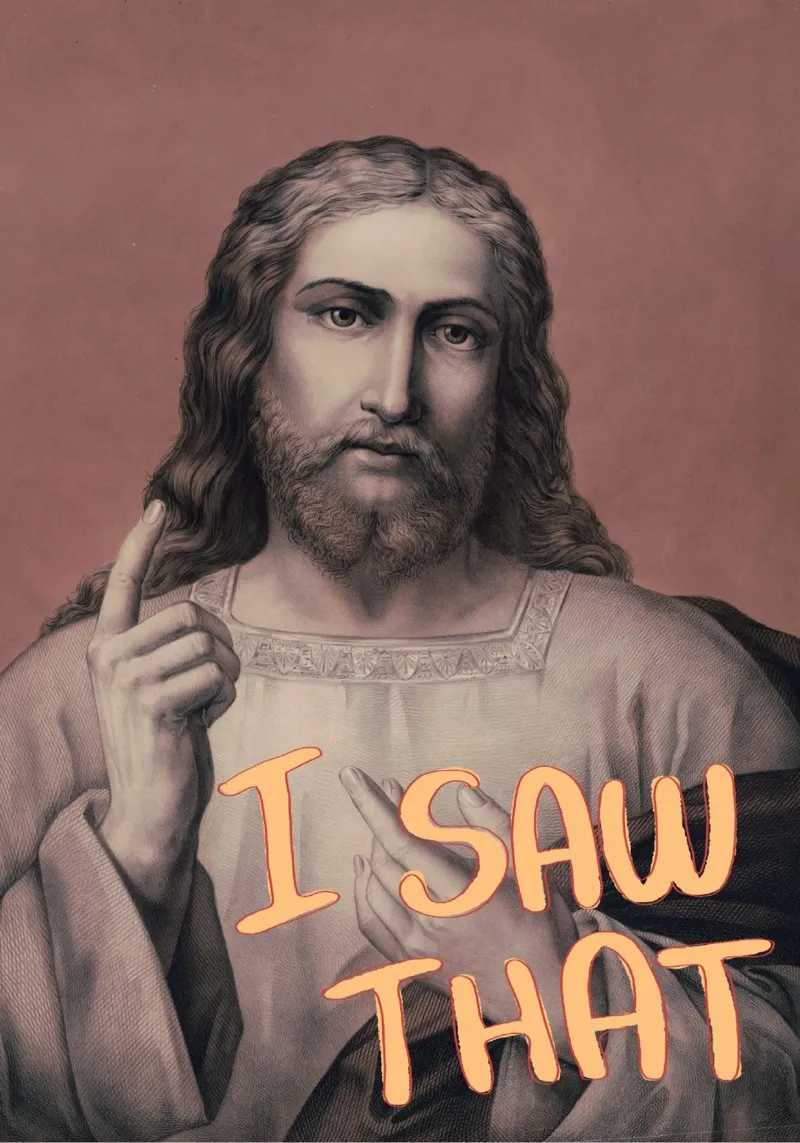 "J'ai vu ça", drôle d'œuvre d'art de Jésus, affiche de mimétisme chrétien toile avec Caisse américaine de vintagepod