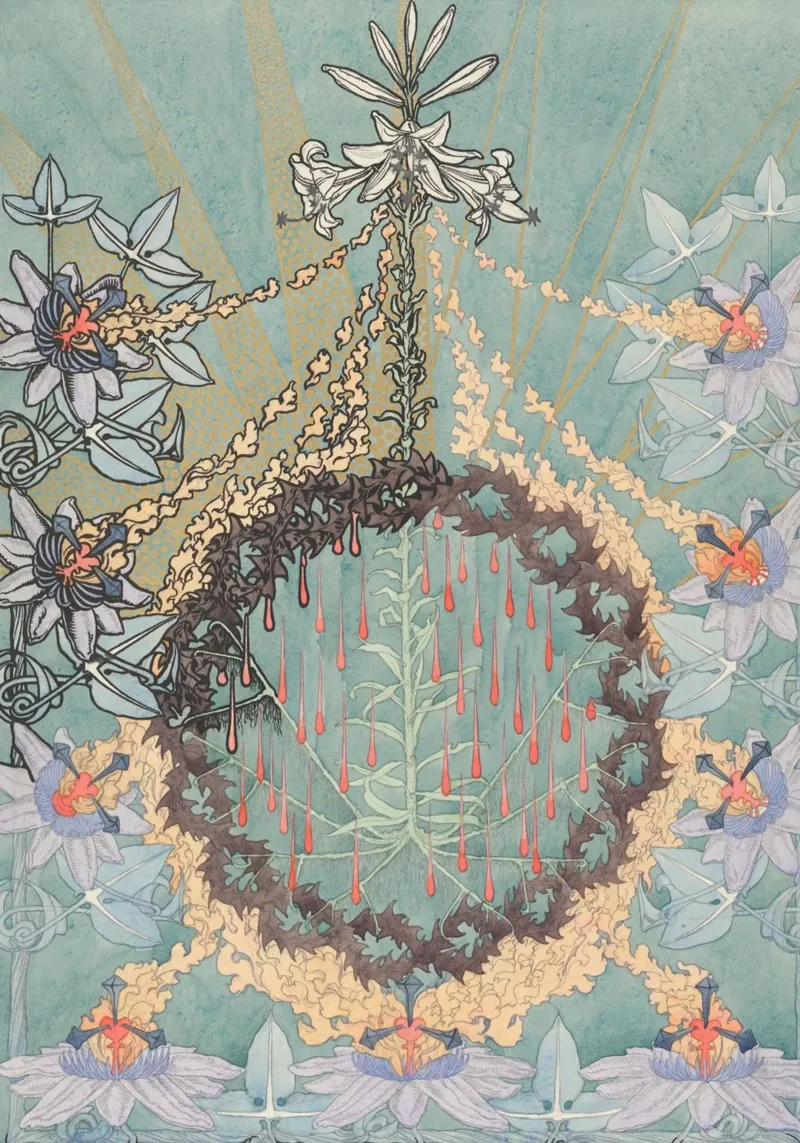 Mystieke botanische art nouveau, symbolistische bloemenprint canvas met Baklijst van vintagepod