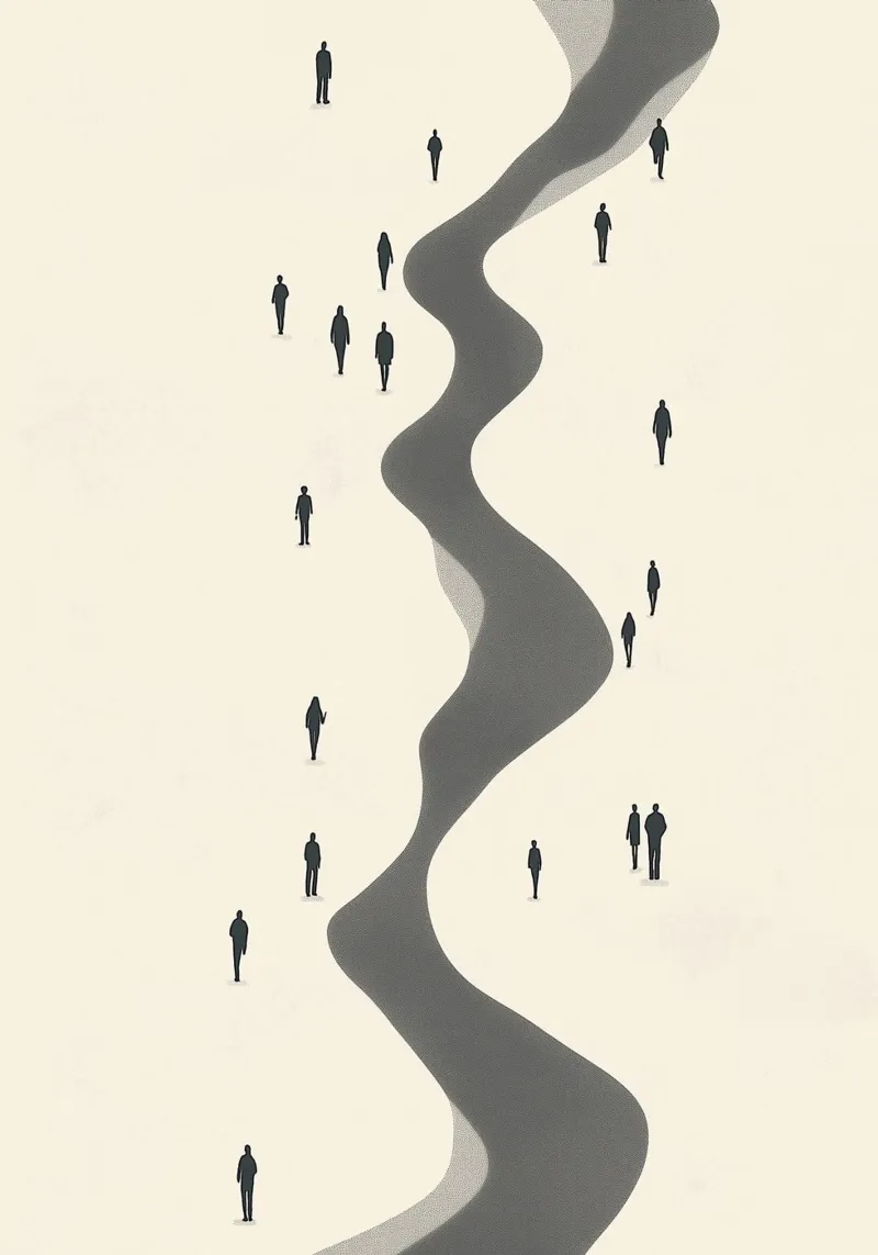 The Journey, Modern Minimalist Crowd Art Print (en inglés) poster con marco de madera de vintagepod
