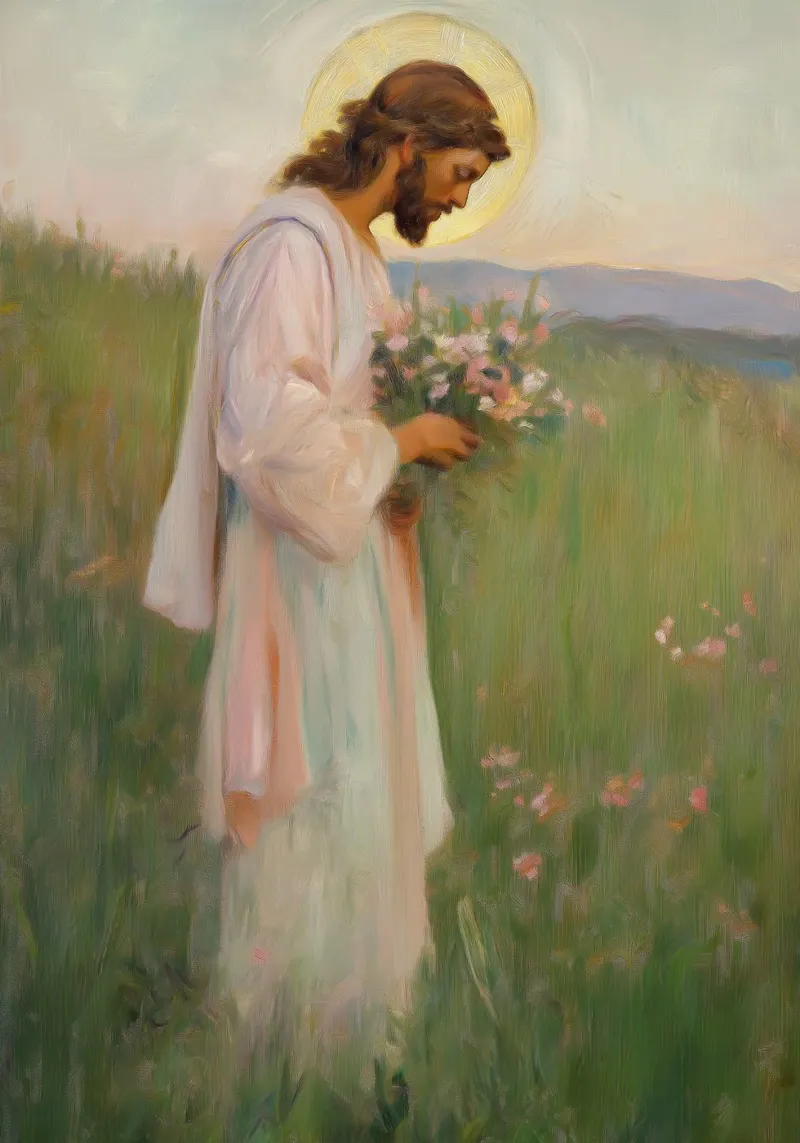 Jezus in een weide, heilige kunstdruk, spirituele vrede canvas met Baklijst van vintagepod
