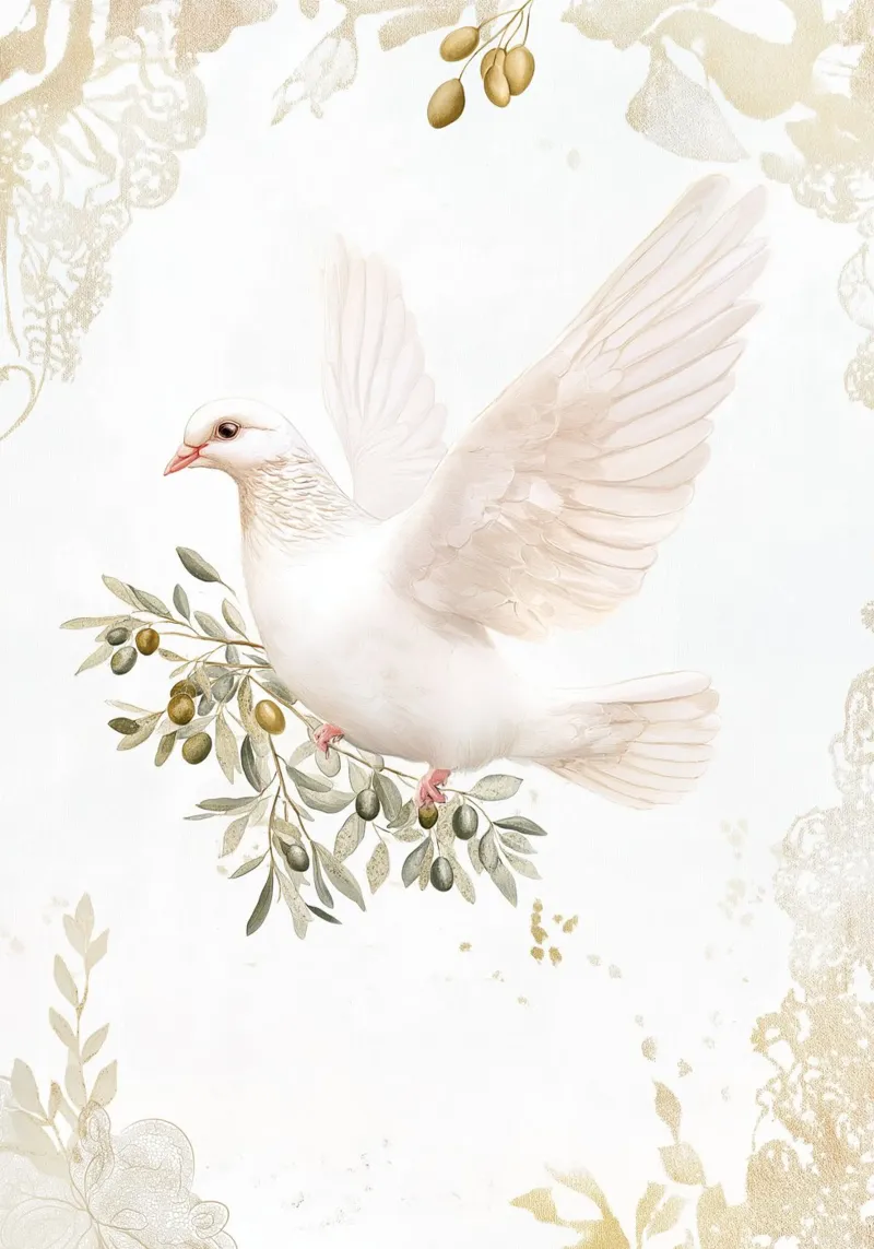 Taube mit Olivenzweig, Golden Peaceful Kunstdruck Poster mit Aluminium Rahmen von vintagepod