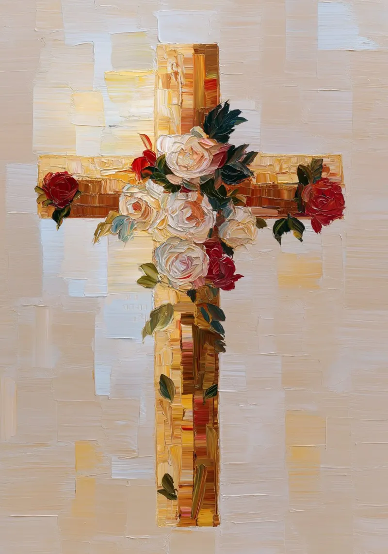 Floral Cross, Impasto Style, Modern Christian Art canvas with Floater frame by vintagepod