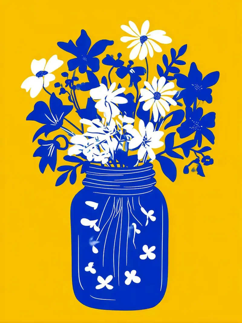 Vaso blu con fiori bianchi e blu tela con Cornice a cassetta da Maria Maier