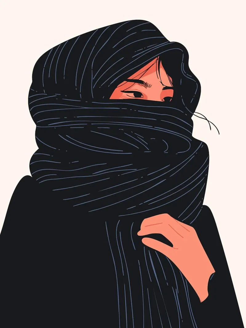 Vrouw in zwarte sjaal Minimalistische Boho-kunstillustratie canvas met Baklijst van Maria Maier