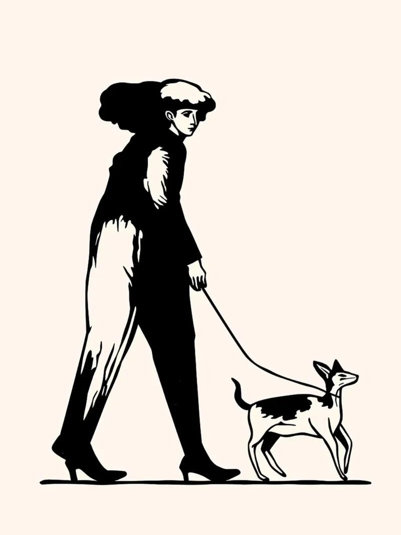 Donna che porta a spasso il cane, bianco e nero poster da Lisa Becker