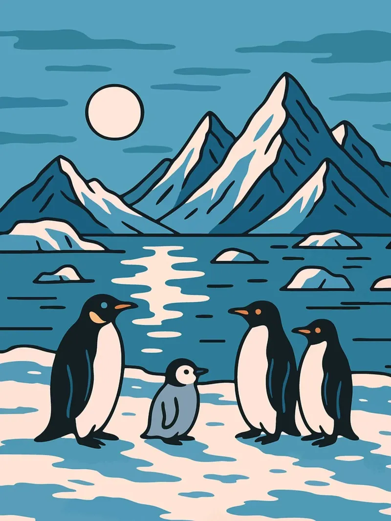 Famiglia di pinguini in un paesaggio antartico Arte minimalista vintage poster con telaio in legno da Lisa Becker