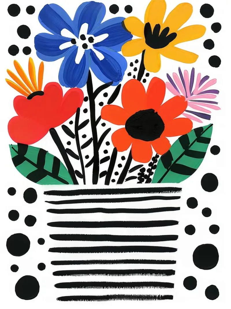 Kleurrijk bloemstuk in gestreepte vaas poster van Lisa Becker