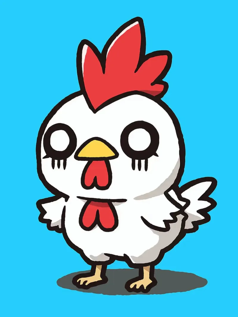 Illustrazione di pollo a cartoni animati su sfondo blu poster da Sabine Klein