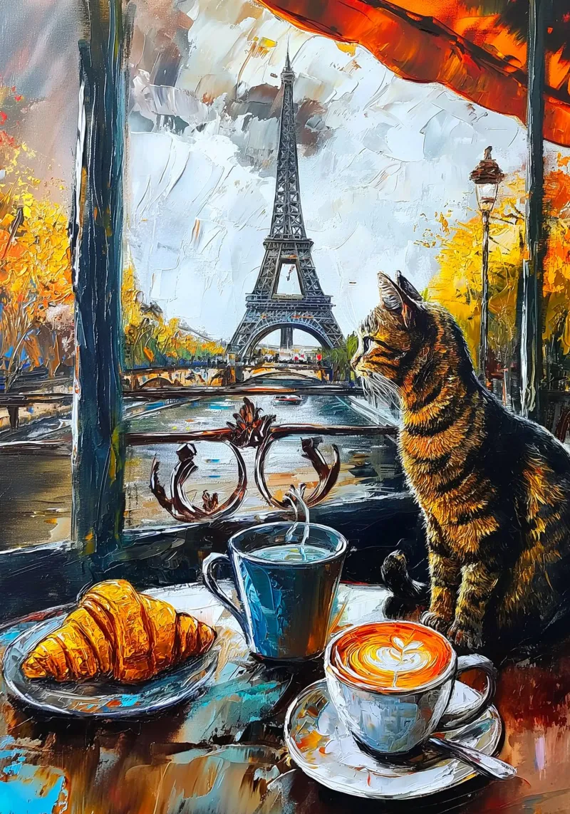 Gatto parigino con caffè e croissant tela con Cornice a cassetta da Fleur de Lys