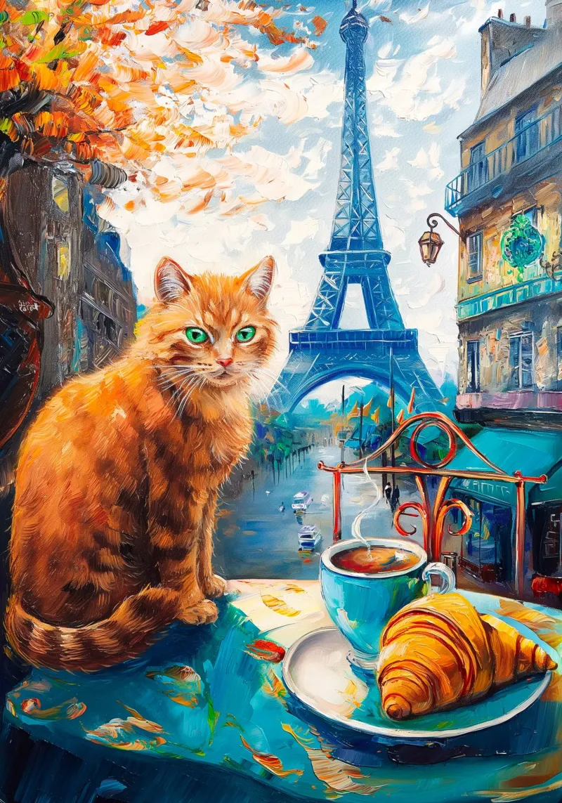 Parisian Cat with Coffee and Croissant canvas with Floater frame by Fleur de Lys