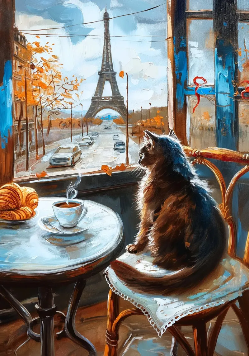 Gatto parigino con caffè e croissant poster da Fleur de Lys