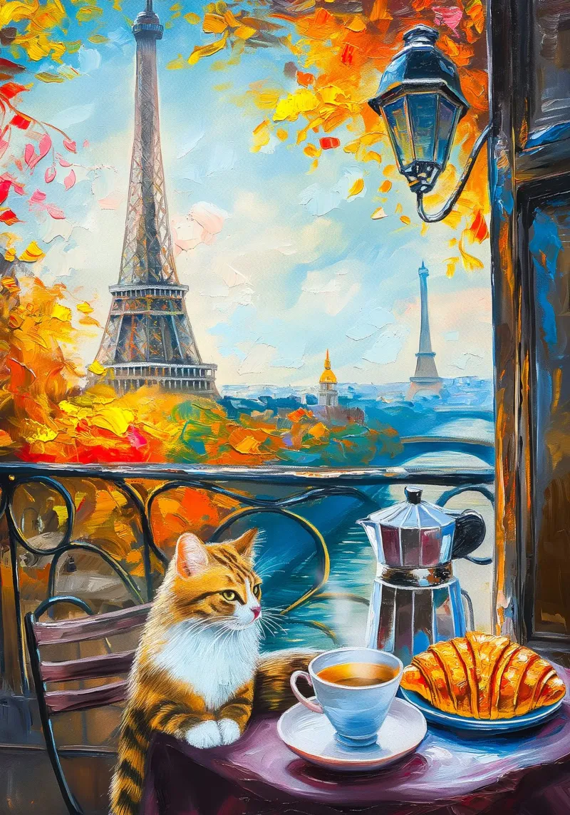 Gatto parigino con caffè e croissant tela con Cornice a cassetta da Fleur de Lys