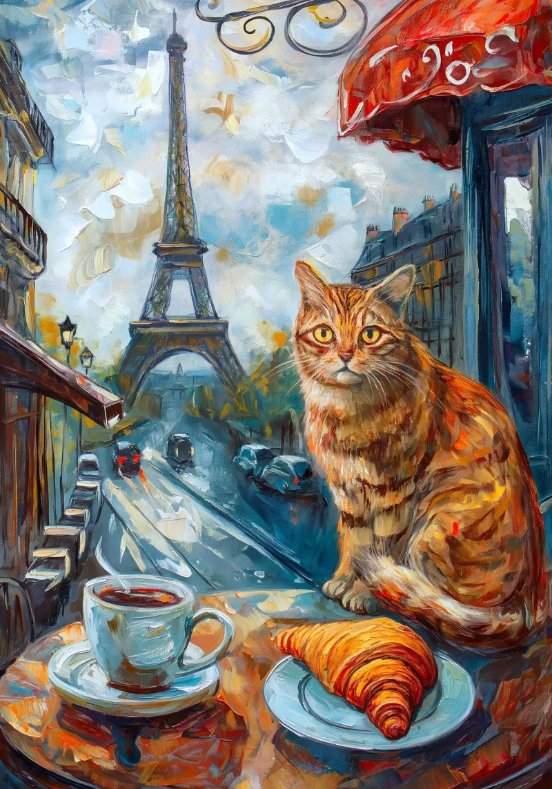 Gatto parigino con caffè e croissant tela con Cornice a cassetta da Fleur de Lys