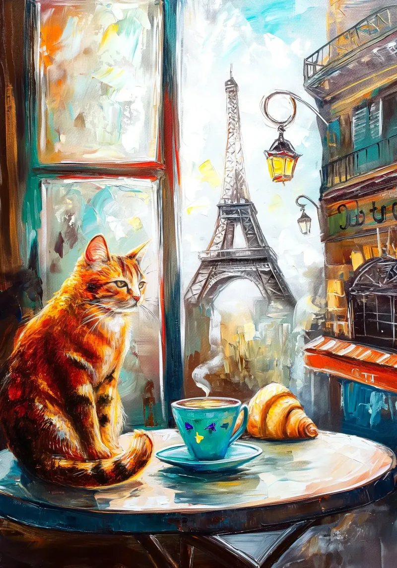 Parisian Cat with Croissant and Coffee canvas with Floater frame by Stellar Creative
