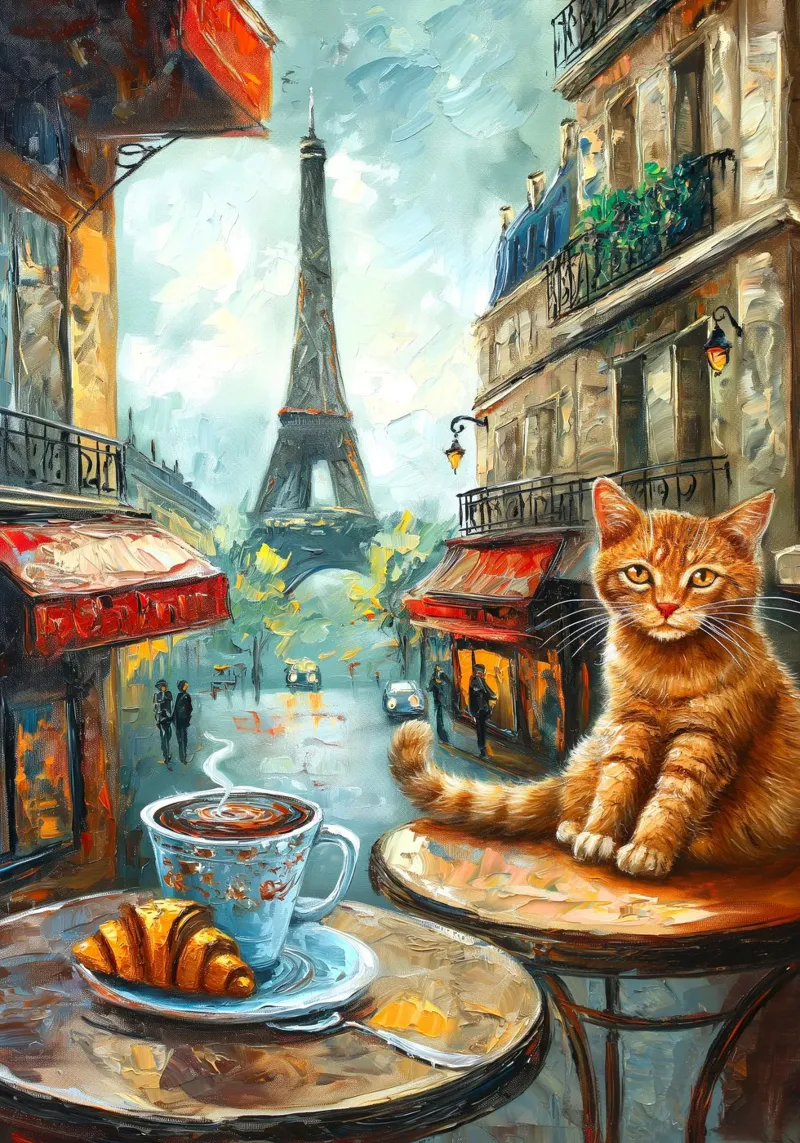 Parisian Cat with Croissant and Coffee canvas with Floater frame by Stellar Creative