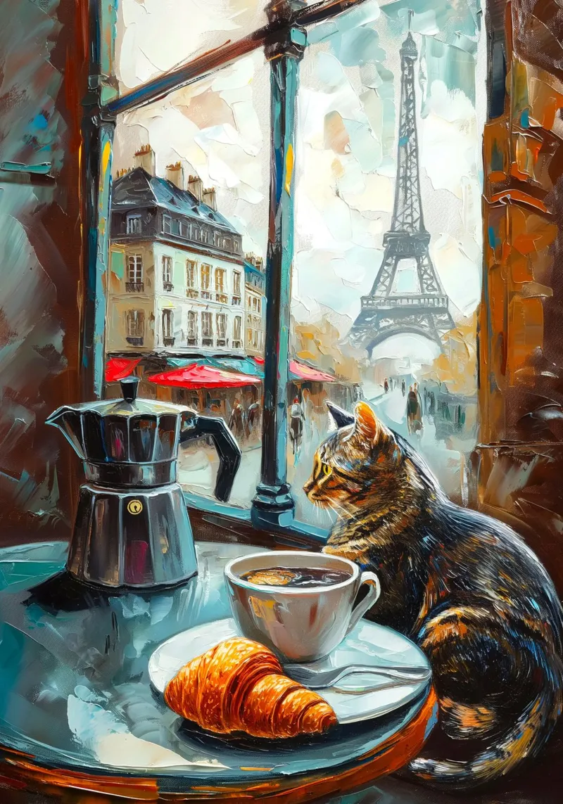 Parisian Cat with Croissant and Coffee canvas with Floater frame by Stellar Creative