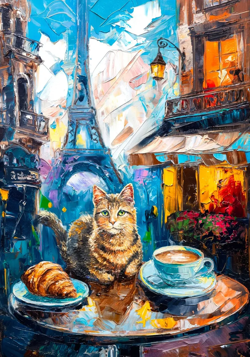 Parisian Cat with Croissant and Coffee canvas with Floater frame by Stellar Creative