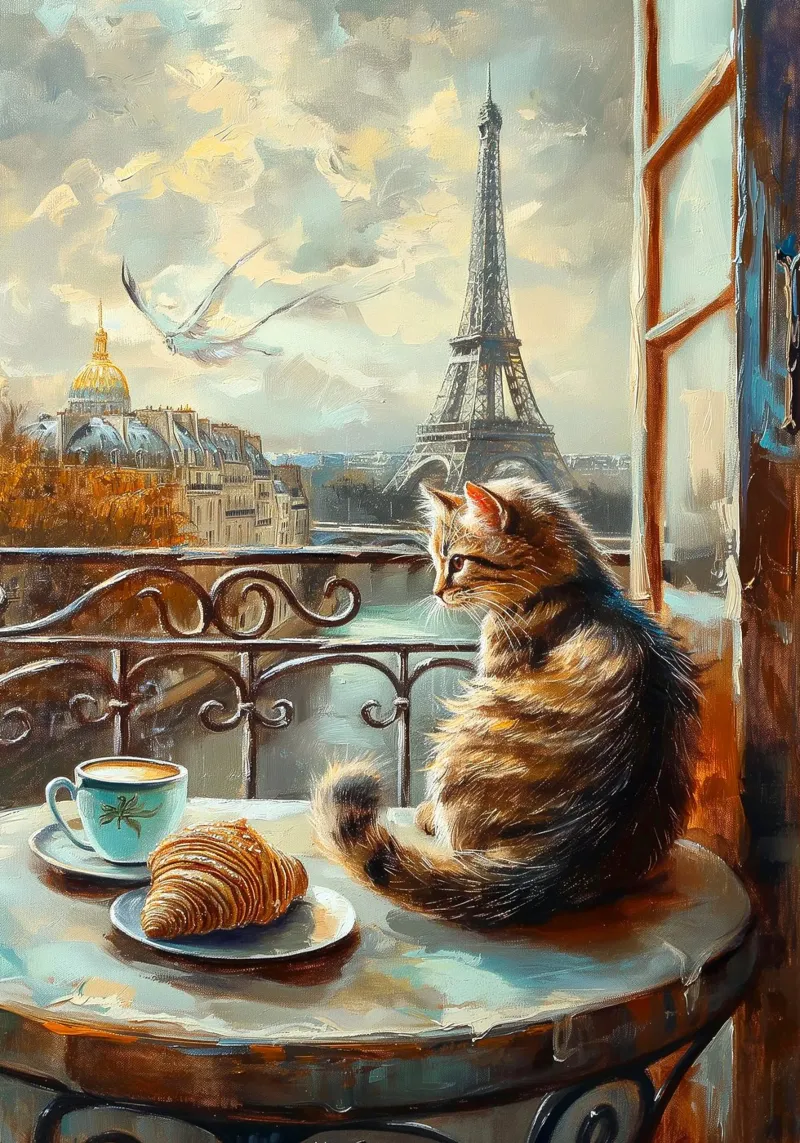 Parisian Cat with Croissant and Coffee canvas with Floater frame by Stellar Creative