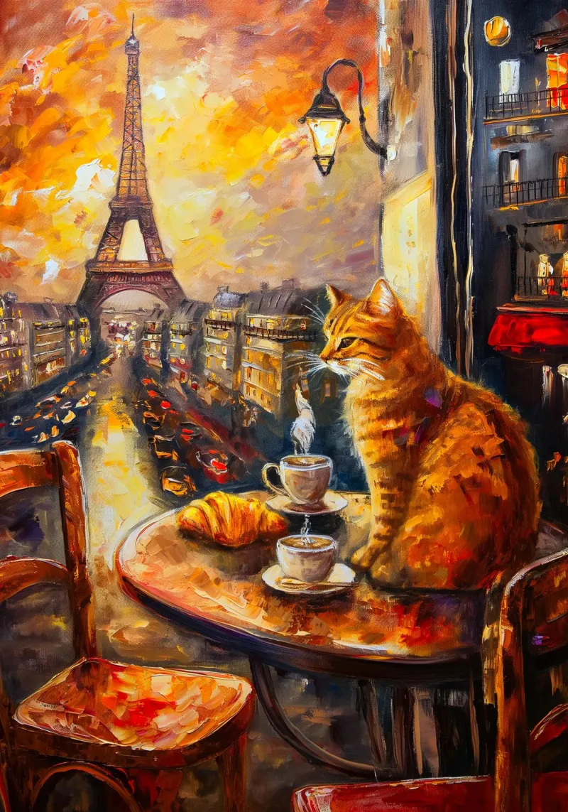Parisian Cat Breakfast canvas with Floater frame by Voxel Visionaries