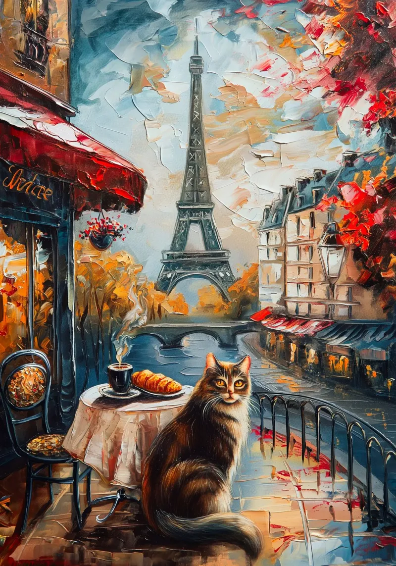 Parisian Cat Breakfast canvas with Floater frame by Voxel Visionaries