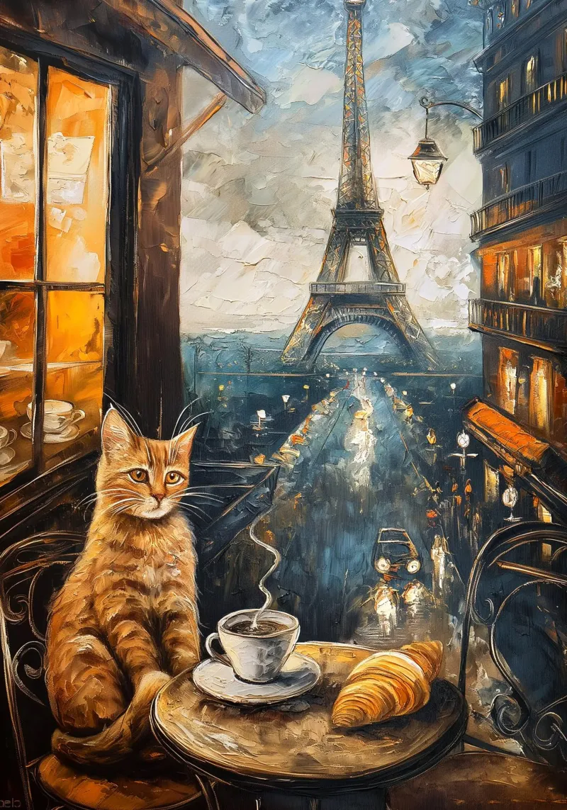 Parisian Cat Breakfast canvas with Floater frame by Voxel Visionaries