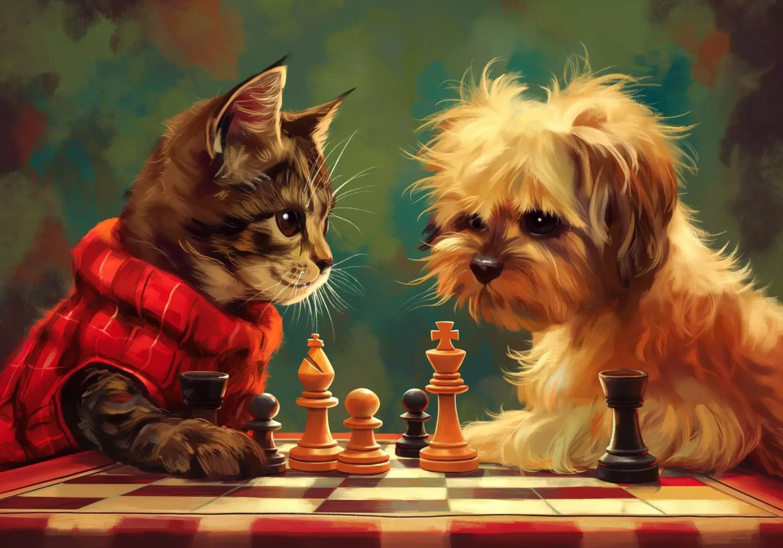 Cat and Dog Play Chess canvas with Floater frame by Fleur de Lys