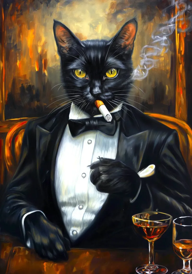Tuxedo Cat Smoking Cigar canvas with Floater frame by Fleur de Lys