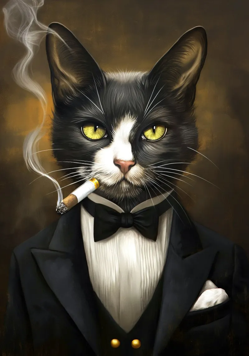 Tuxedo Cat Smoking Cigar canvas with Floater frame by Fleur de Lys