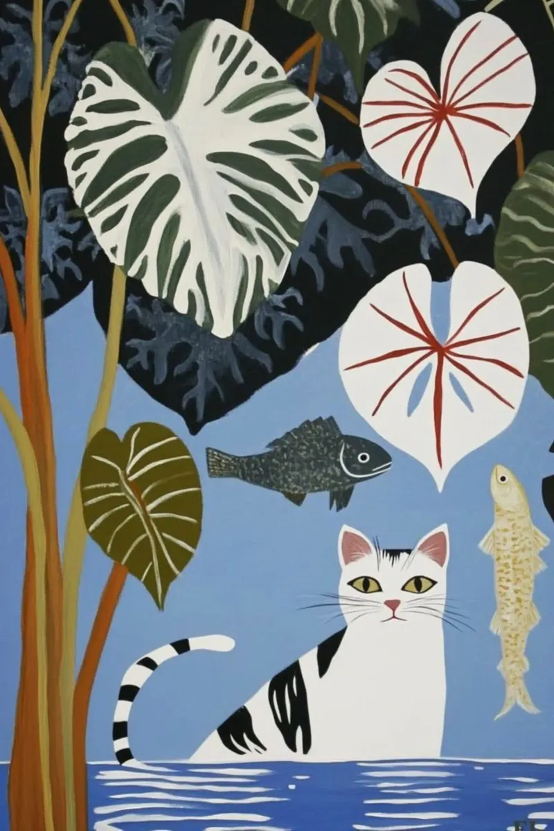 cat in water and leaf canvas met Baklijst van huminity