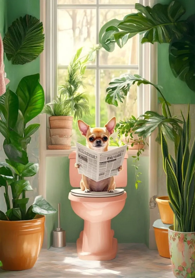 small dog read newspaper on toilet poster con telaio in plastica da panada